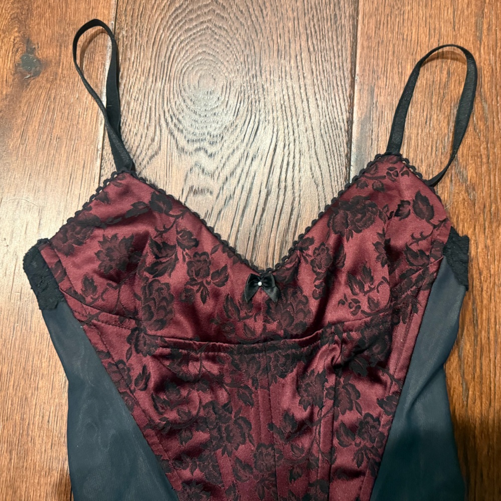 LE CHATEAU VINTAGE WOMEN’S FLORAL SATIN CORSET TOP, SIZE SMALL, BLACK - Picture 3 of 13